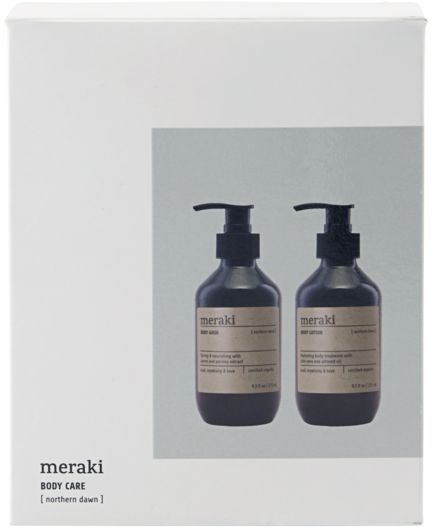 Gaveæske Meraki Northern Dawn Gavepakke økologisk Bodywash   Bodylotion 4x13 1x6 Hvid Sort Grå